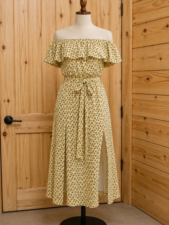 1. State Dresses & Skirts - 1. State Yellow Off-Shoulder Floral Tie-Waist Midi Dress